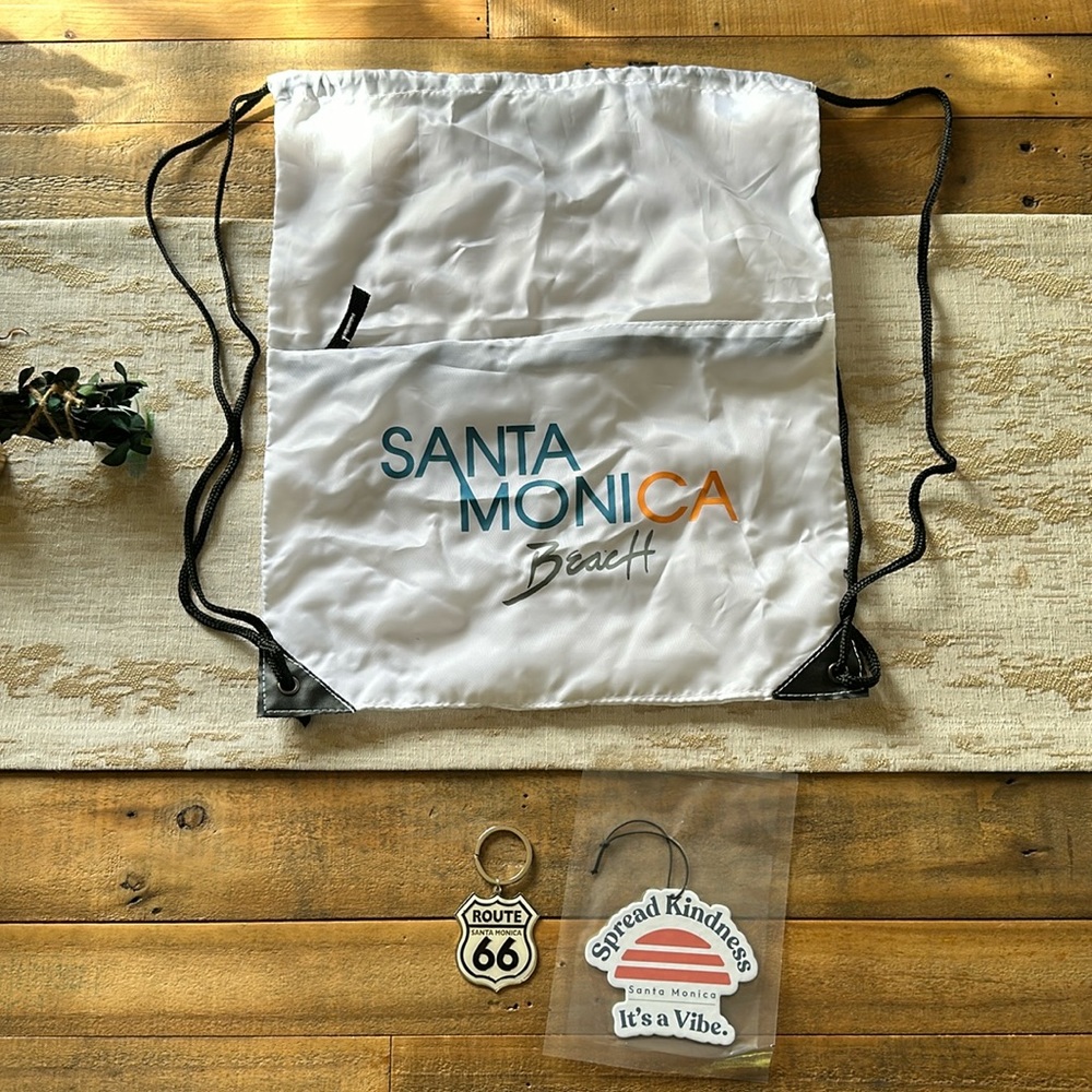 Backpack. Santa Monica Beach. Nylon. Keychain. Air freshener. NWT. White.